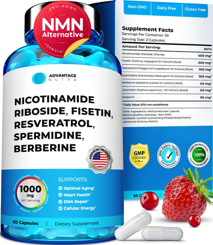 AdvantageNutra Liposomal Nicotinamide Riboside NR Supplement Resveratrol NAD : Nicotinamide 500mg w/Fisetin, Resveratrol Powder Spermidine Berberine NAD Resveratrol Supplement 500 mg - 60 caps 1 Pack - Maple Wellness Supplements
