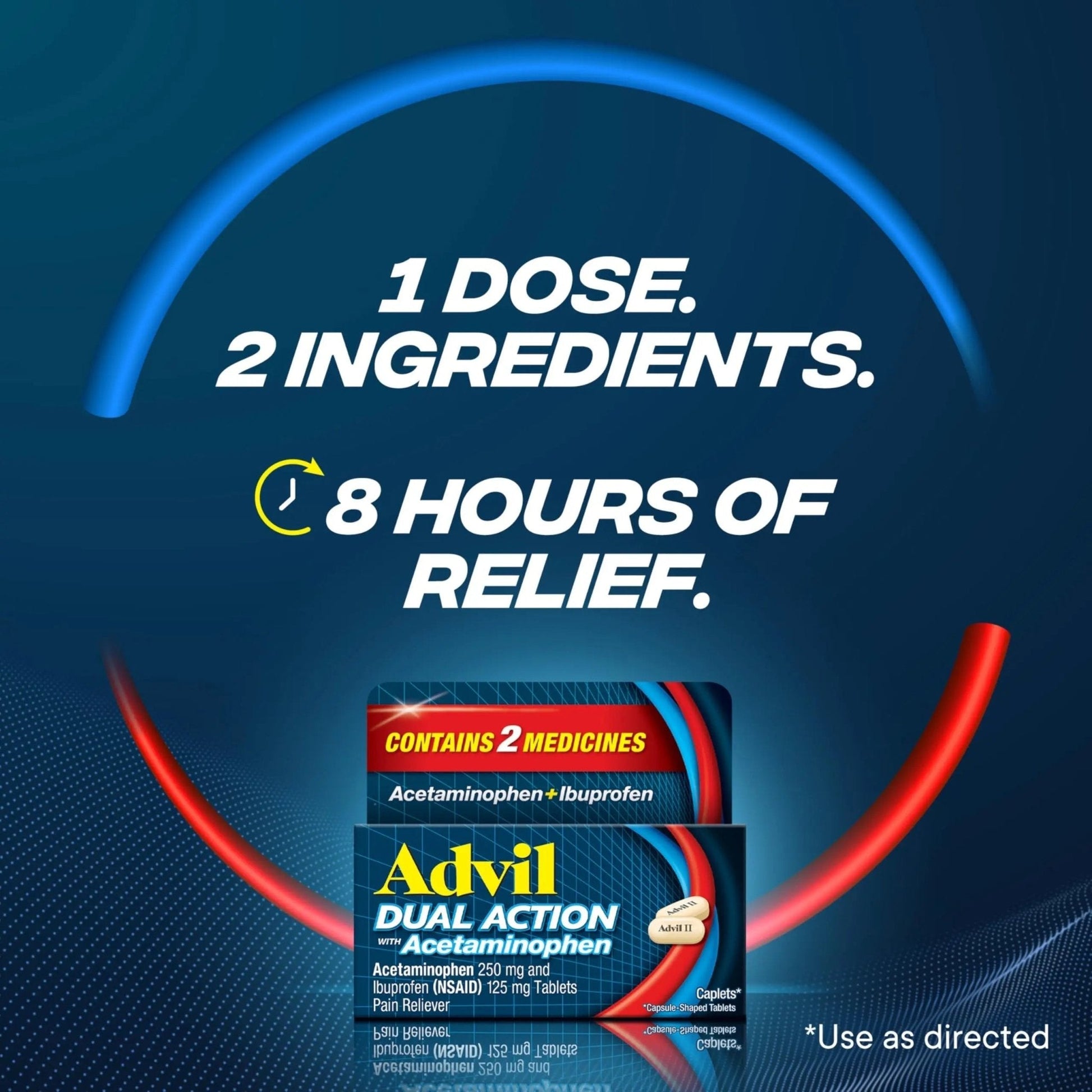 Advil Dual Action Coated Caplets with Acetaminophen, 250 Mg Ibuprofen and 500 Mg Acetaminophen Per Dose (2 Dose Equivalent) for 8 Hour Pain Relief - 72 Count - Maple Wellness Supplements