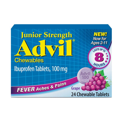 Advil Junior Strength Chewable Ibuprofen Pain Reliever and Fever Reducer, Children's Ibuprofen for Pain Relief, Grape - 24 Tablets - Maple Wellness Supplements