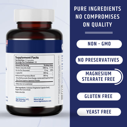 AgeImmune Vitamin C 1000mg Complex with L-Lysine 500mg, Zinc 12mg, Bioflavonoids 300mg. Doctor Formulated Magnesium Stearate Free Supplements for Healthy Immune System Support.(1) - Maple Wellness Supplements