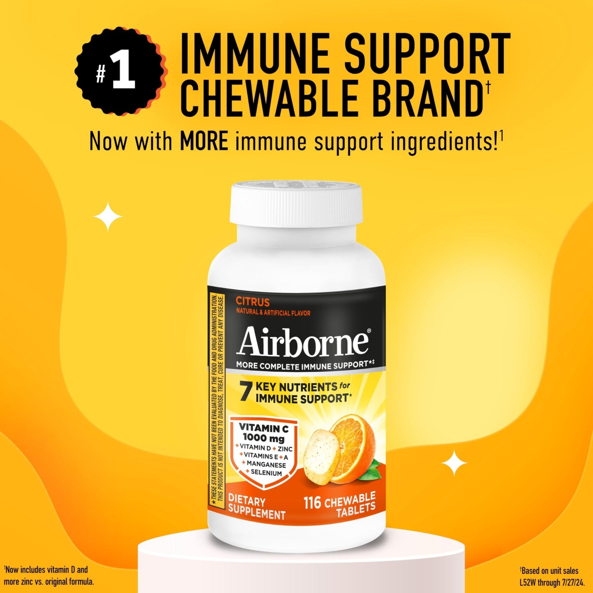 Airborne Vitamin C 1000mg (per Serving) - Citrus Chewable Tablets (116 Count in a Bottle), Gluten-Free Immune Support Supplement, with Vitamins A C E, Zinc, Selenium - Maple Wellness Supplements