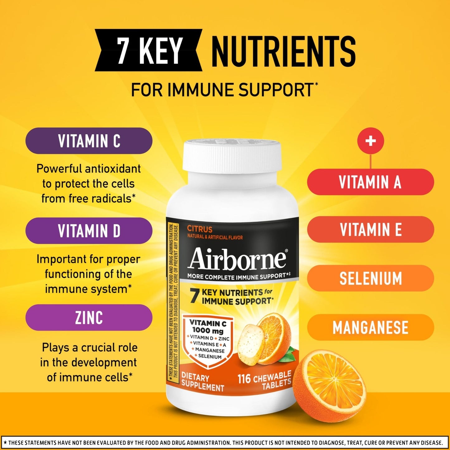 Airborne Vitamin C 1000mg (per Serving) - Citrus Chewable Tablets (116 Count in a Bottle), Gluten-Free Immune Support Supplement, with Vitamins A C E, Zinc, Selenium - Maple Wellness Supplements