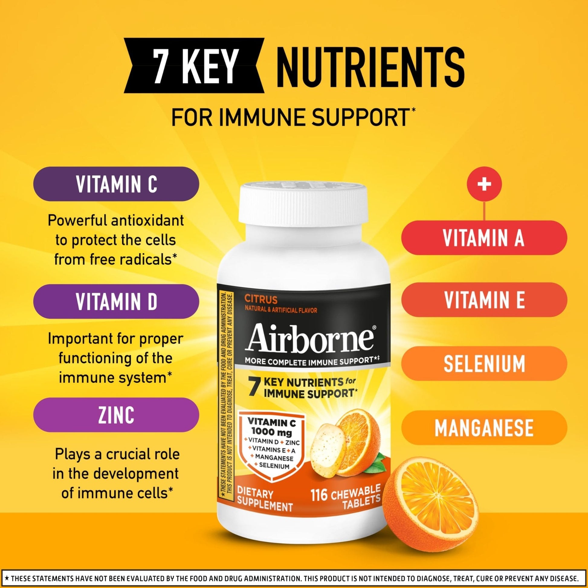 Airborne Vitamin C 1000mg (per Serving) - Citrus Chewable Tablets (116 Count in a Bottle), Gluten-Free Immune Support Supplement, with Vitamins A C E, Zinc, Selenium - Maple Wellness Supplements