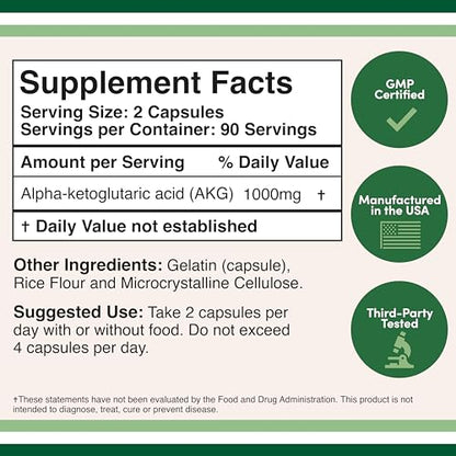 AKG Supplement (Alpha Ketoglutaric Acid) 1,000mg Per Serving (180 Capsules) Different - Maple Wellness Supplements