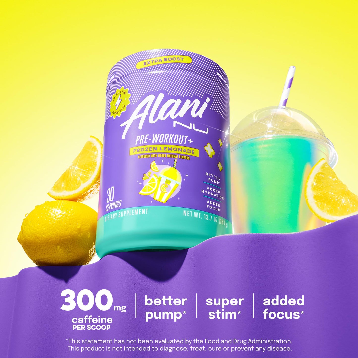 Alani Nu Pre Workout+ Powder Frozen Lemonade, Extra Boost, Sugar Free, 300mg Caffeine, L-Theanine, Beta-Alanine, Citrulline, 30 Servings - Maple Wellness Supplements