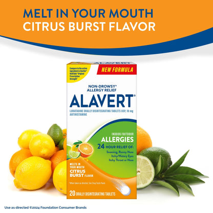 Alavert 24 Hour Allergy Relief Tablets, Non-Drowsy Antihistamine, Orally Disintegrating Allergy Tablets, Loratadine 10 mg, Citrus Burst Flavor, 18 Count - Maple Wellness Supplements