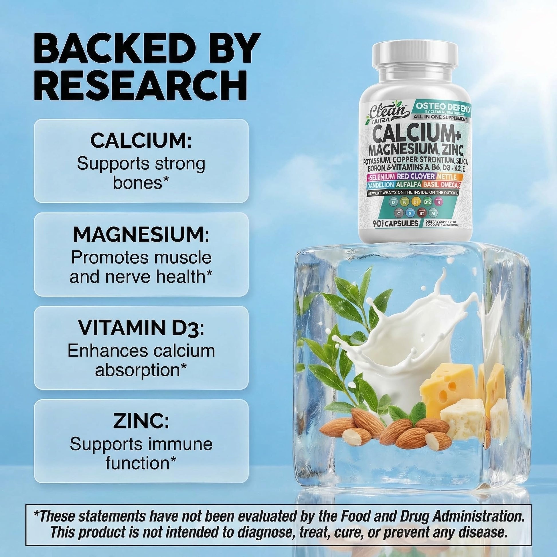 Allin1 Calcium Magnesium Zinc Supplement with Potassium, Copper, Strontium, Silica, Vitamin D3 K2, Boron, Vitamin B1 B12 Red Clover Herb Alfalfa Basil Pills for Men - Maple Wellness Supplements