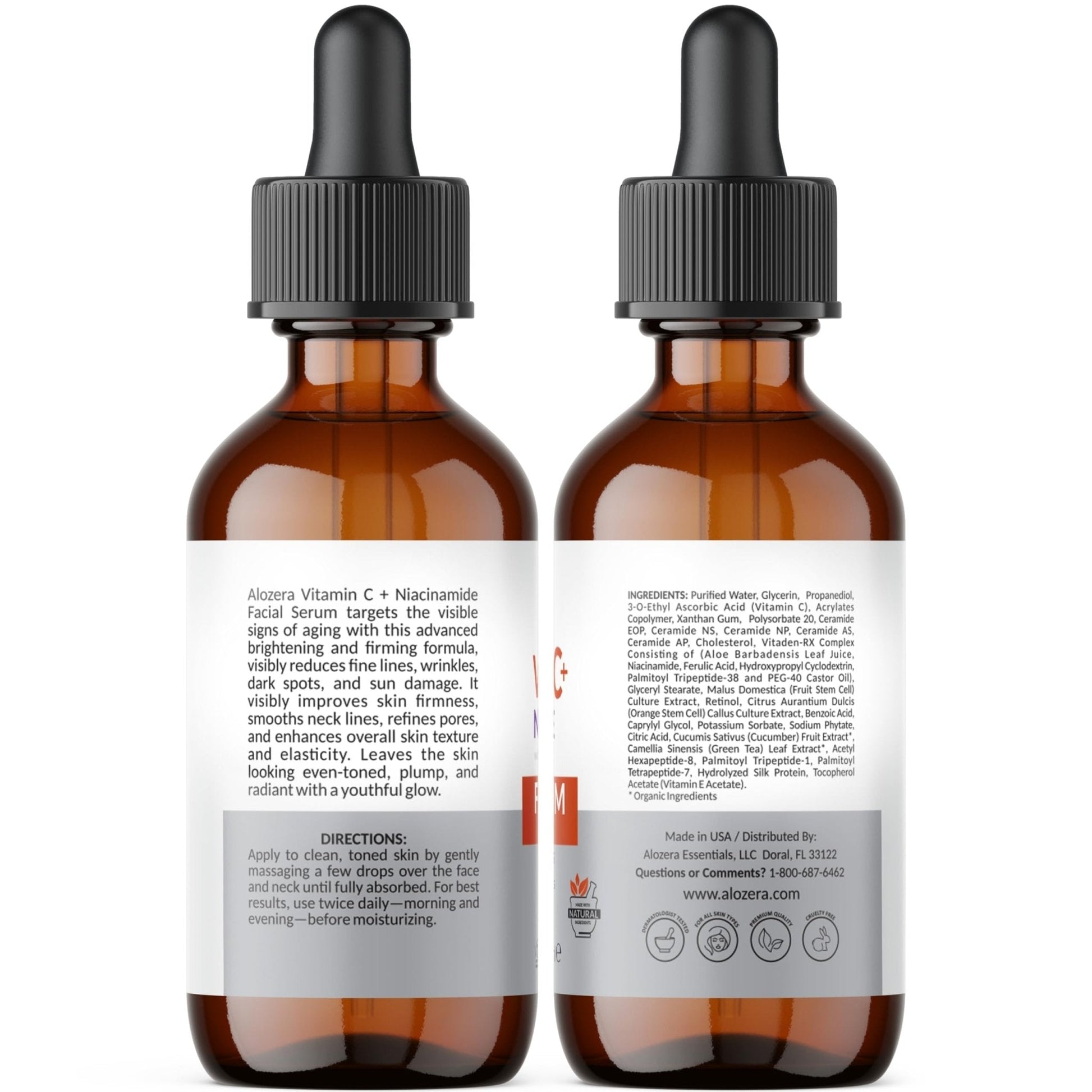 Alozera Vitamin C Facial Serum with Niacinamide & Ferulic Acid, Anti-Aging Serum for Visible Brightening, Glowing & Radiant Skin, Concentrated, Gentle & Effective, Day & Night - Maple Wellness Supplements