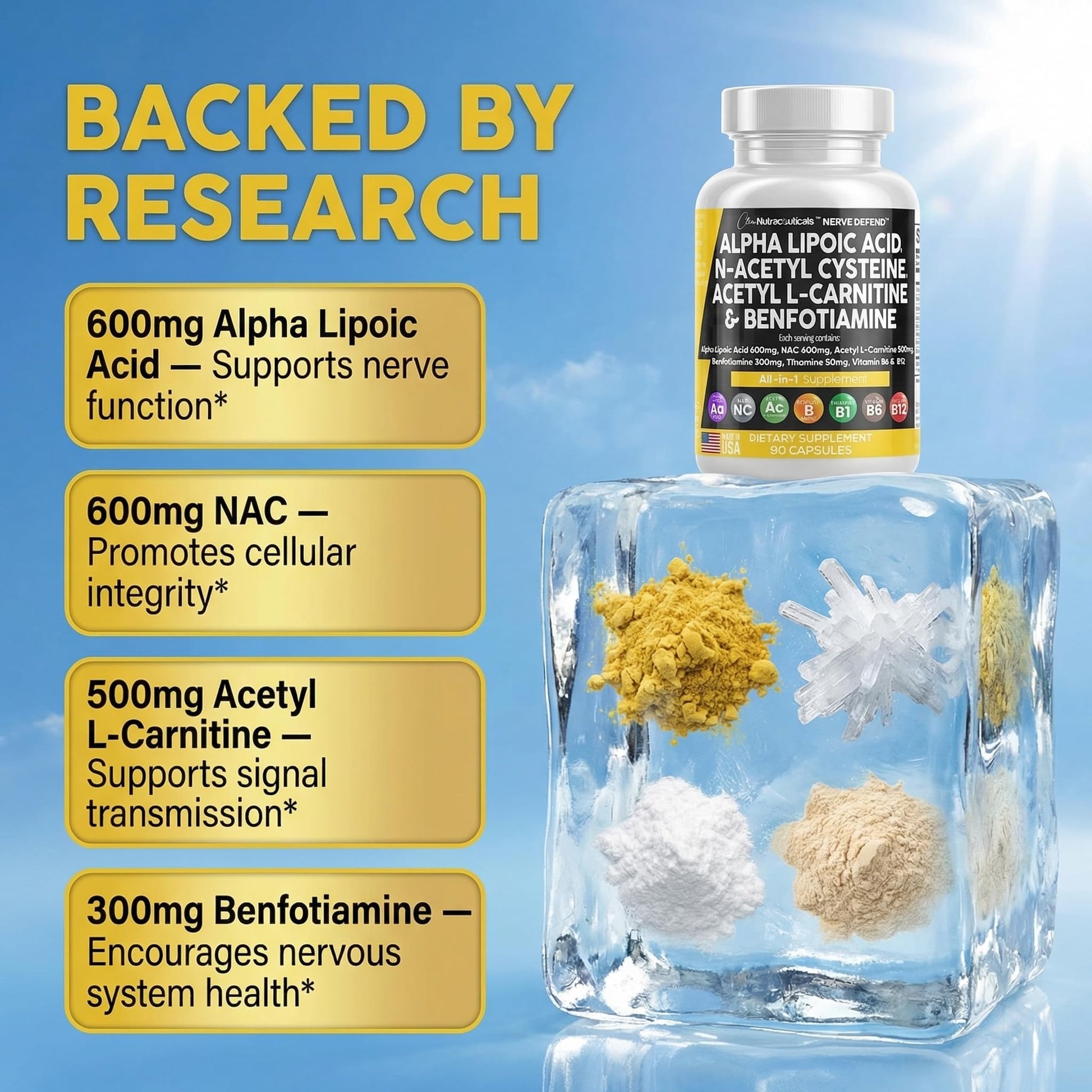 Alpha Lipoic Acid 600mg N-Acetyl Cysteine 600mg Acetyl L-Carnitine 500mg Benfotiamine 300mg - Nerve Support Supplement for Women and Men - Maple Wellness Supplements