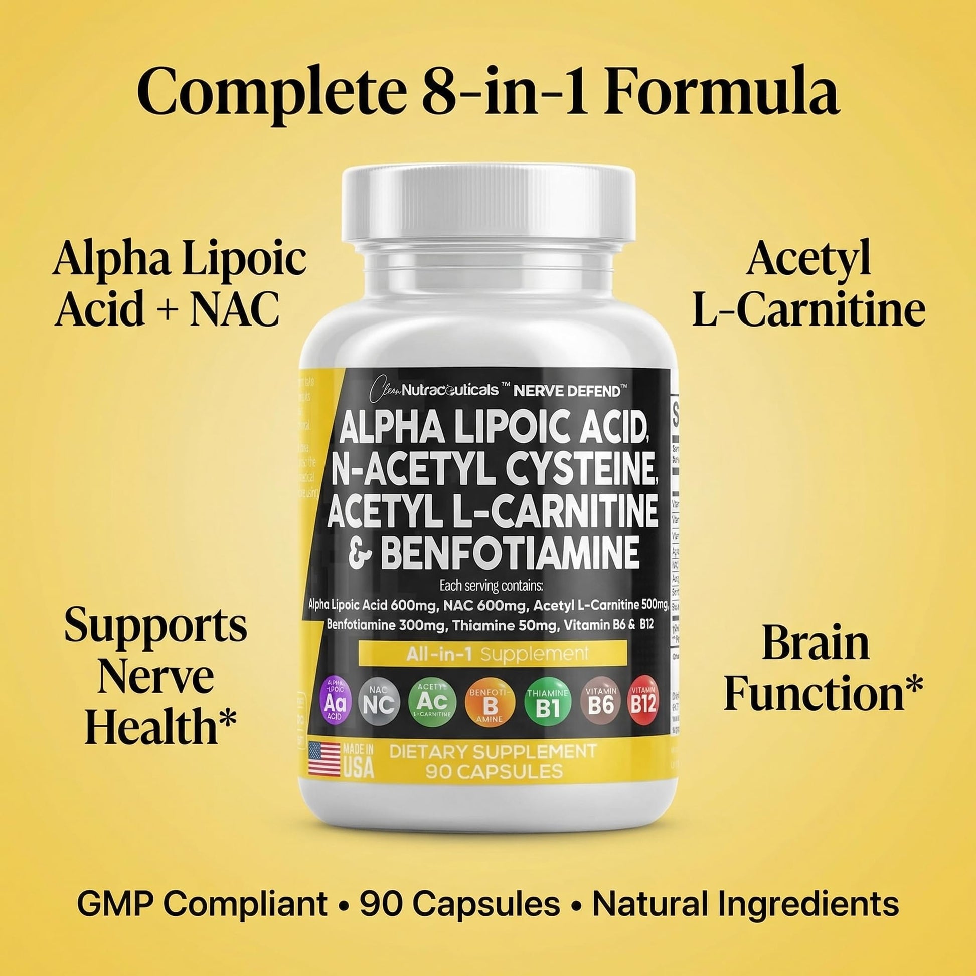 Alpha Lipoic Acid 600mg N-Acetyl Cysteine 600mg Acetyl L-Carnitine 500mg Benfotiamine 300mg - Nerve Support Supplement for Women and Men with Vitamin B1 B6 & B12 - Made in USA 90 Caps - Maple Wellness Supplements