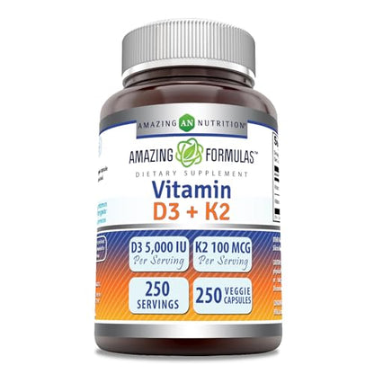 Amazing Formulas Vitamin D3 5000 IU with Vitamin K2 100 Mcg| 250 Veggie Capsules - Maple Wellness Supplements