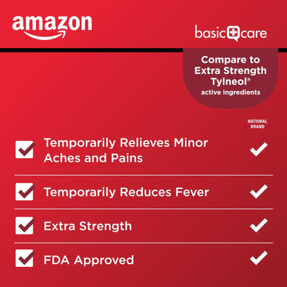 Amazon Basic Care Extra Strength Pain Relief, Acetaminophen Caplets, 500 mg, Pain Reliever/Fever Reducer, 100 Count - Maple Wellness Supplements