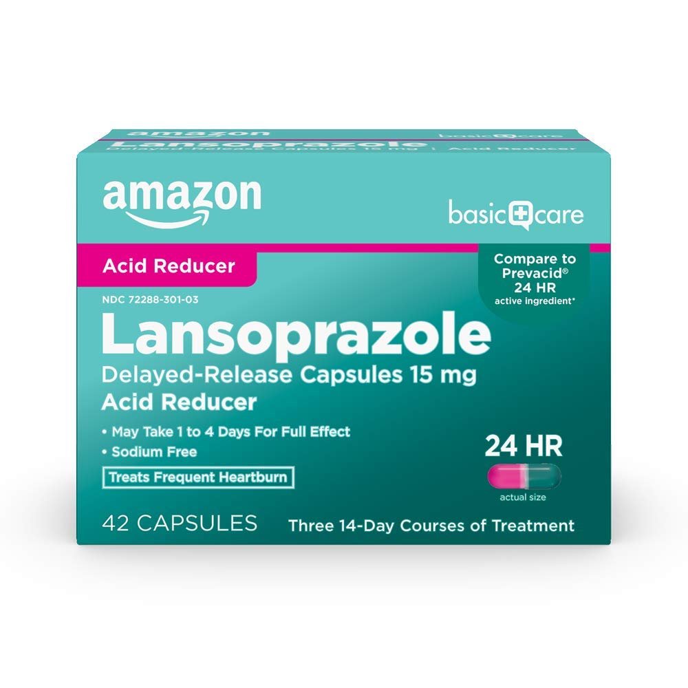 Amazon Basic Care Lansoprazole Delayed Release Capsules, 15 mg, Proton Pump Inhibitor, Acid Reducer, 24 Hour Heartburn Medicine, 42 Count Pack - Maple Wellness Supplements