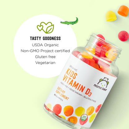 Amazon Brand - Mama Bear Organic Kids Vitamin D3 25 mcg (1000 IU) Gummies per serving, Bone and Immune Health, Strawberry, 80 Count - Maple Wellness Supplements