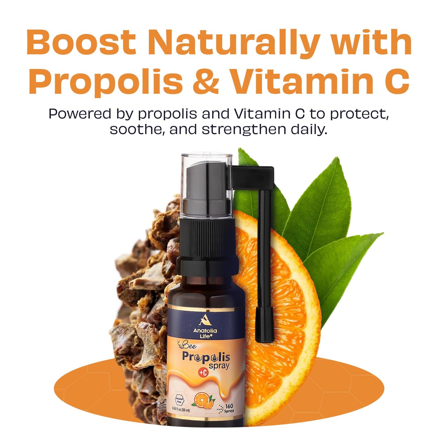 Anatolia Life Bee Propolis Spray + Vitamin C – Alcohol-Free, Natural Orange Flavor, 100% Pure Bee Propolis Extract, Antioxidant Support, Gentle Throat Comfort – 20 ml (~160 Sprays) - Maple Wellness Supplements