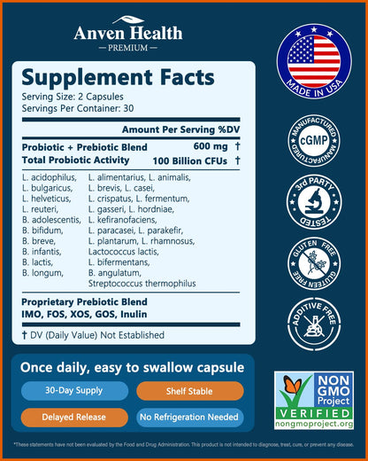 Anven Health 100 Billion Probiotics for Men and Women 27 Strains 5 Organic Prebiotics for Gut Digestive & Immune Health, Supports Diarrhea Gas Bloating - Maple Wellness Supplements