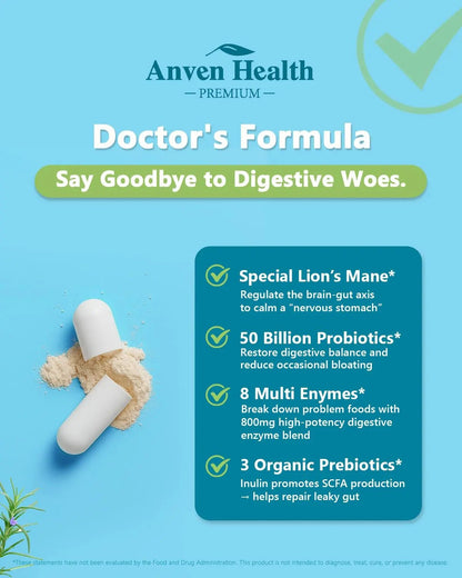 Anven Health 800mg Digestive Enzymes for Men and Women with Probiotics & Prebiotics, 8 Key Enzymes, Protease, Amylase & Lipase | 180 Capsules - A 60-Day Supply for Bloating & Gas Relief - Non-GMO - Maple Wellness Supplements