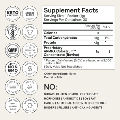 ARMRA Colostrum™ Premium Powder, Grass Fed, Gut Health Bloating Immunity Skin & Hair, Contains 400+ Bioactive Nutrients, Potent Bioavailable, Keto, Gluten & Fat Free (Unflavored 30｜Blood Orange 90) - Maple Wellness Supplements