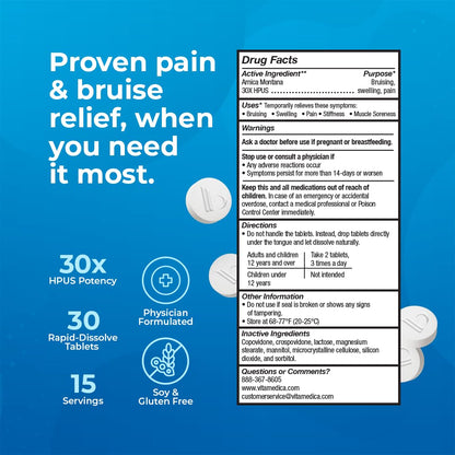 Arnica Montana 30X HPUS, Clinical Grade, Quick Dissolve Tablets, Five-Day Recovery Pack for Pain and Bruise Relief After Surgery or Injury, Natural Healing, Gentle on The Stomach - 30 Count - Maple Wellness Supplements