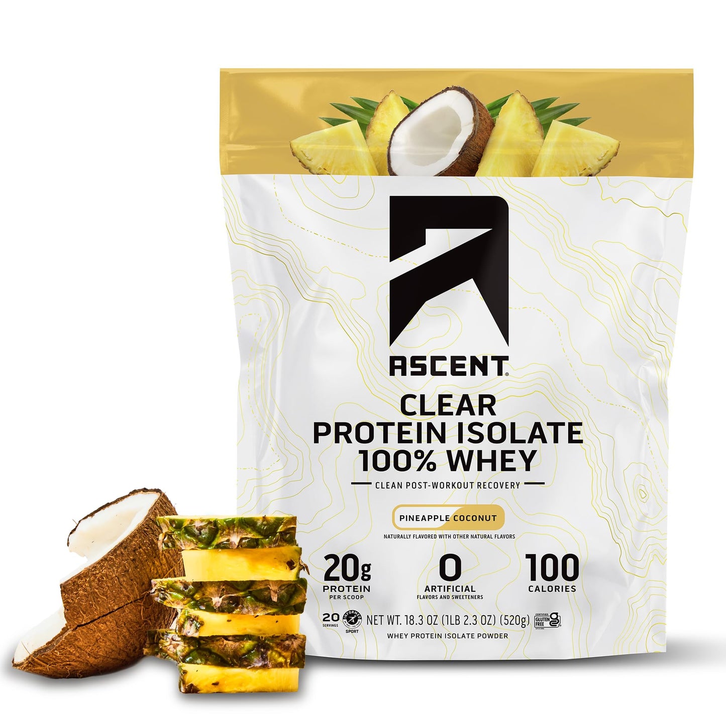 Ascent 100% Clear Whey Protein Powder - Post Workout Whey Protein Isolate, Zero Artificial Flavors & Sweeteners, Gluten Free, 5.5g BCAA, 2.1g Leucine, Essential Amino Acids, Pineapple Coconut, 20 Serv - Maple Wellness Supplements