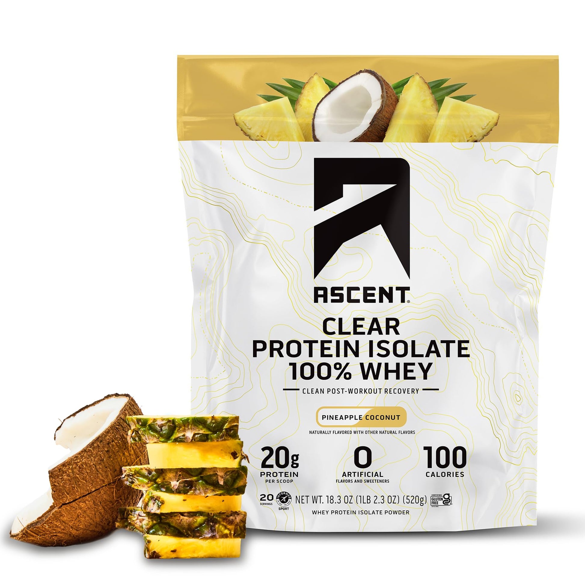 Ascent 100% Clear Whey Protein Powder - Post Workout Whey Protein Isolate, Zero Artificial Flavors & Sweeteners, Gluten Free, 5.5g BCAA, 2.1g Leucine, Essential Amino Acids, Pineapple Coconut, 20 Serv - Maple Wellness Supplements