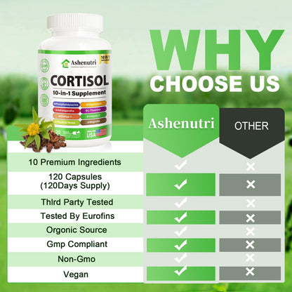 Ashenutri 10-in-1 Cortisol Supplement with Magnesium,Ashwagandha,Rhodiola Rosea,L Theanine,Hormone Balance for Women 120 Vegan Capsules - Maple Wellness Supplements