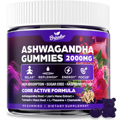 Ashwagandha Gummies - 2000MG Organic Ashwagandha & Lions Mane Gummies for Adults with Vitamin D3 B12, L-Theanine, Cortisol Supplements for Women & Men, Sugar-Free, Vegan, Berry Flavor - 90 Counts - Maple Wellness Supplements