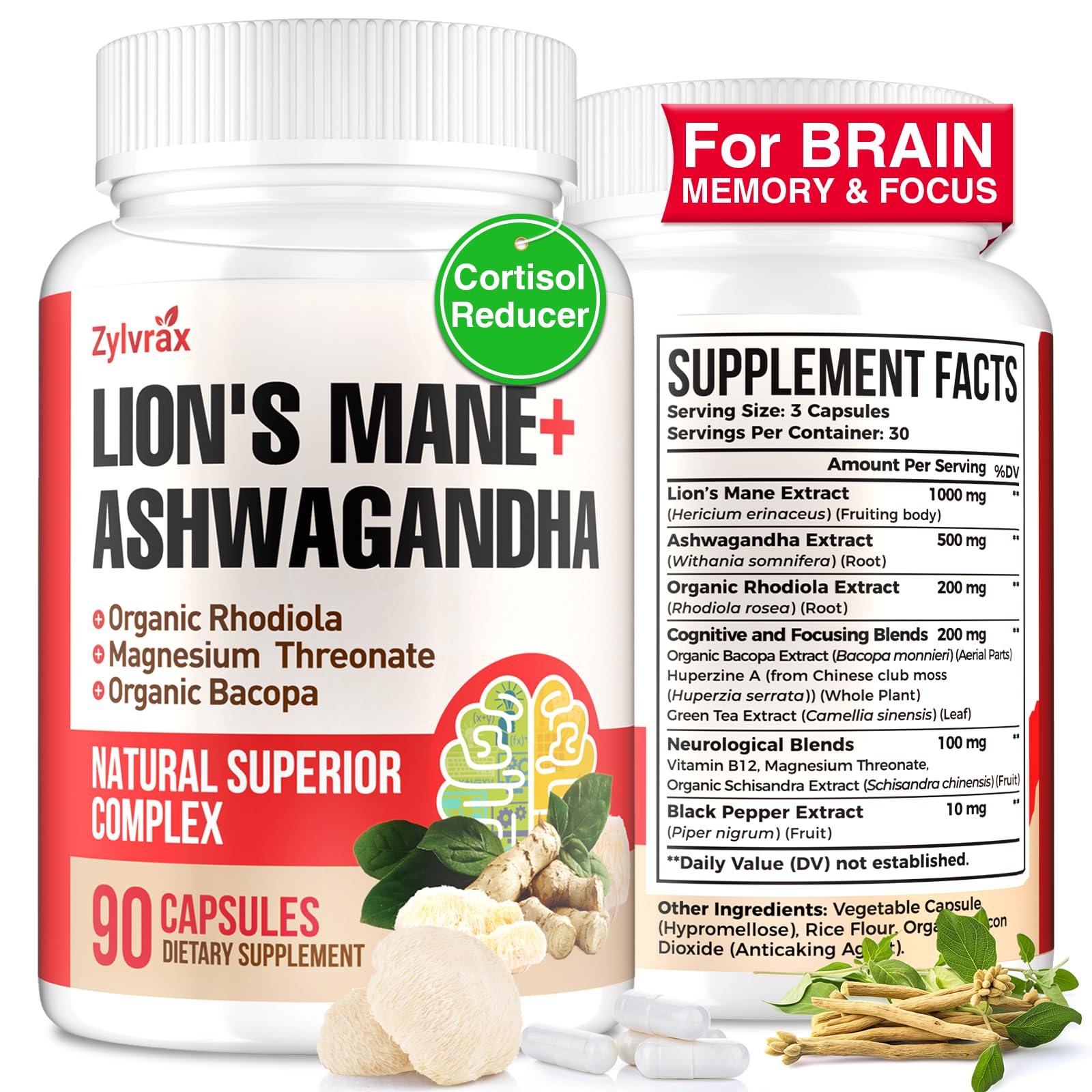Ashwagandha & Lions Mane Supplements Capsules, Brain Supplements for Memory and Focus, Ashwagandha with Rhodiola Rosea for Cognitive, Immune Support, Cortisol Supplements for Women, 90 Capsules - Maple Wellness Supplements