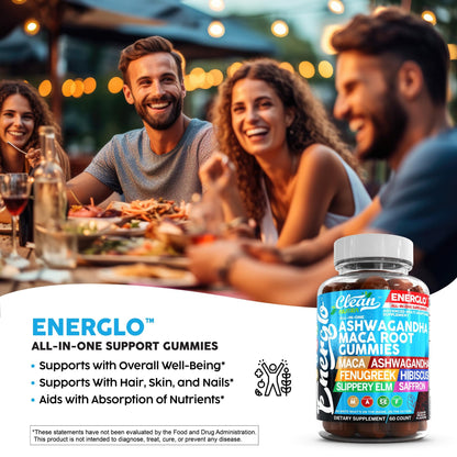 Ashwagandha Maca Root Gummies with Fenugreek Hibiscus Slippery Elm Saffron Extract & Beta Carotene | Peach Flavor Vegan Gummy Vitamins Adaptogen Cortisol Supplement Energlo by Clean Nutra - Maple Wellness Supplements