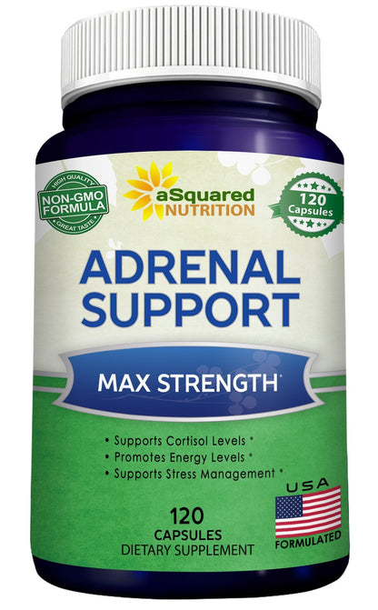 aSquared Nutrition Adrenal Support & Cortisol Manager Supplement (120 Capsules)-Adrenal Health w/Vitamin C Complex Pills to Support Fatigue & Stress Relief-Ashwagandha, L-Tyrosine, Rhodiola & Ginseng - Maple Wellness Supplements