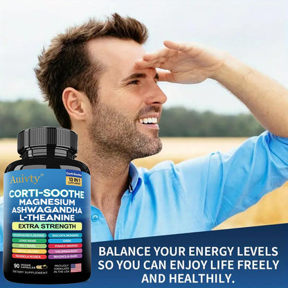 Auivty Cortisol Manager & Adrenal Support - Cortisol Reducer for Stress Relief, Calm & Sleep - 13-in-1 Adaptogen with Ashwagandha & Magnesium - 180 Capsules (2-Pack) - Maple Wellness Supplements