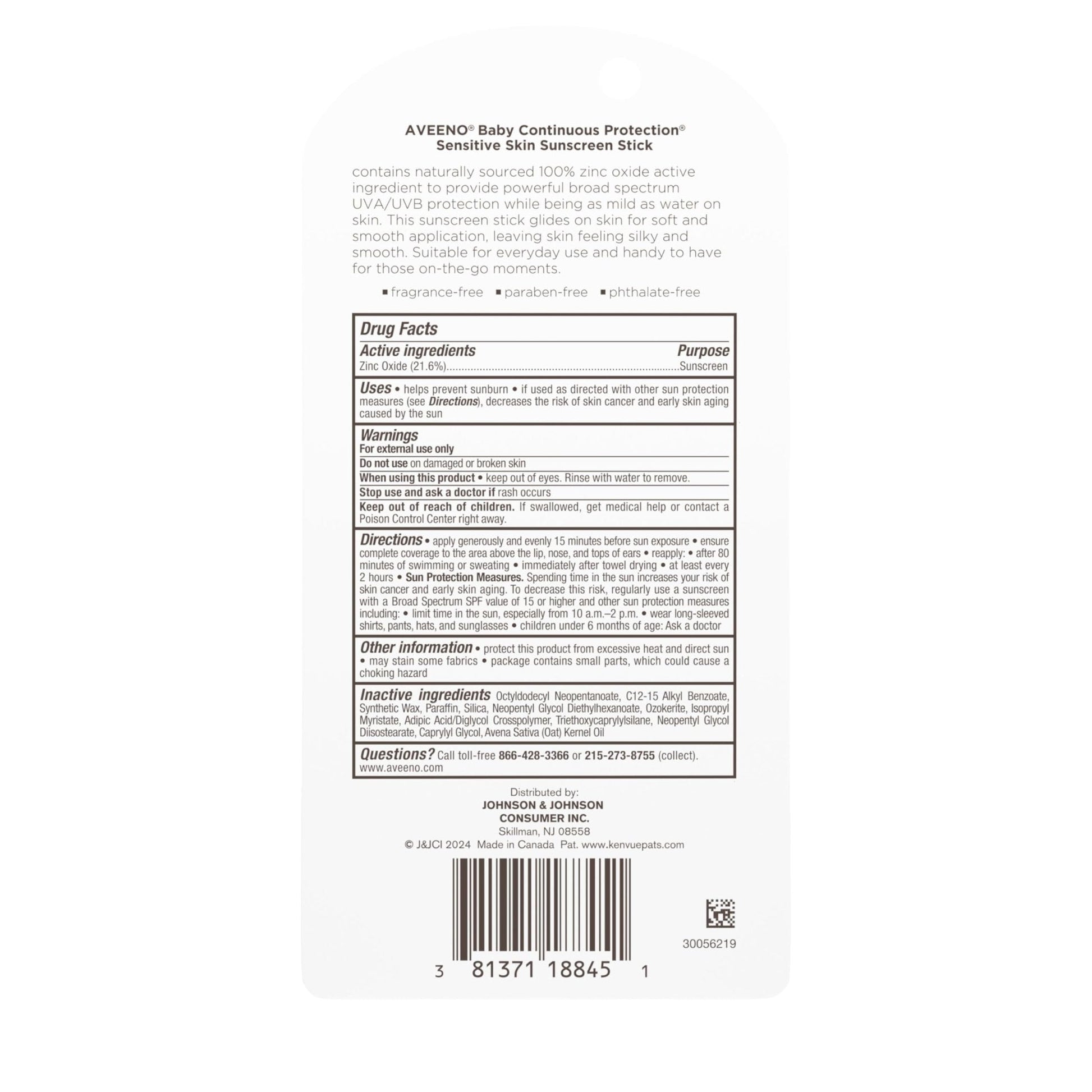 Aveeno Baby Continuous Protection Mineral Sunscreen Stick for Sensitive Skin with Broad Spectrum SPF 50 Protection for Face & Body - Maple Wellness Supplements
