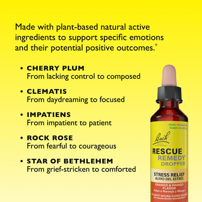 Bach RESCUE Remedy, Orange Mango Flavor, Stress Relief, Homeopathic, Flower Essences, 20mL - Maple Wellness Supplements
