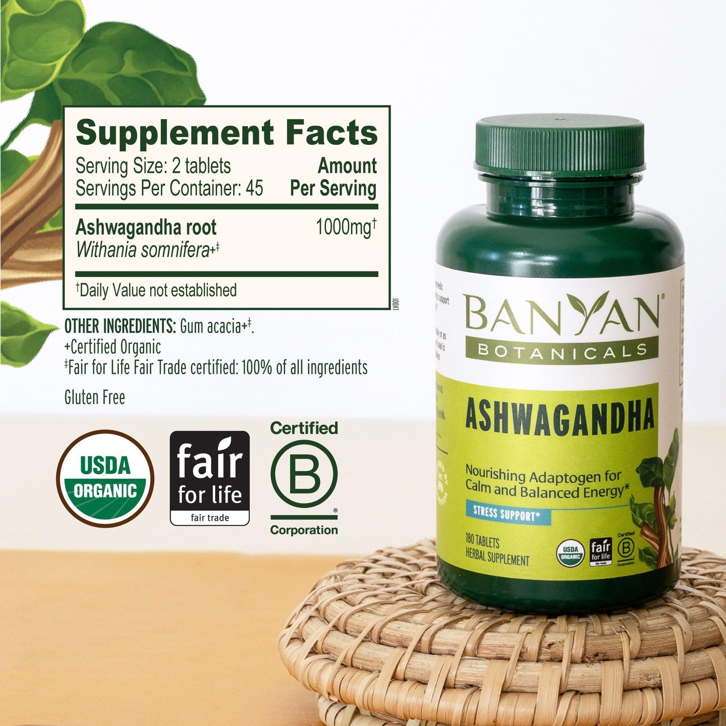 Banyan Botanicals Organic Ashwagandha - 1000mg per Serving - Cortisol Manager & Stress Relief Supplement - Adrenal Support for Mood, Restful Sleep & Muscle Recovery - 180 Tablets - Non-GMO, Vegan* - Maple Wellness Supplements