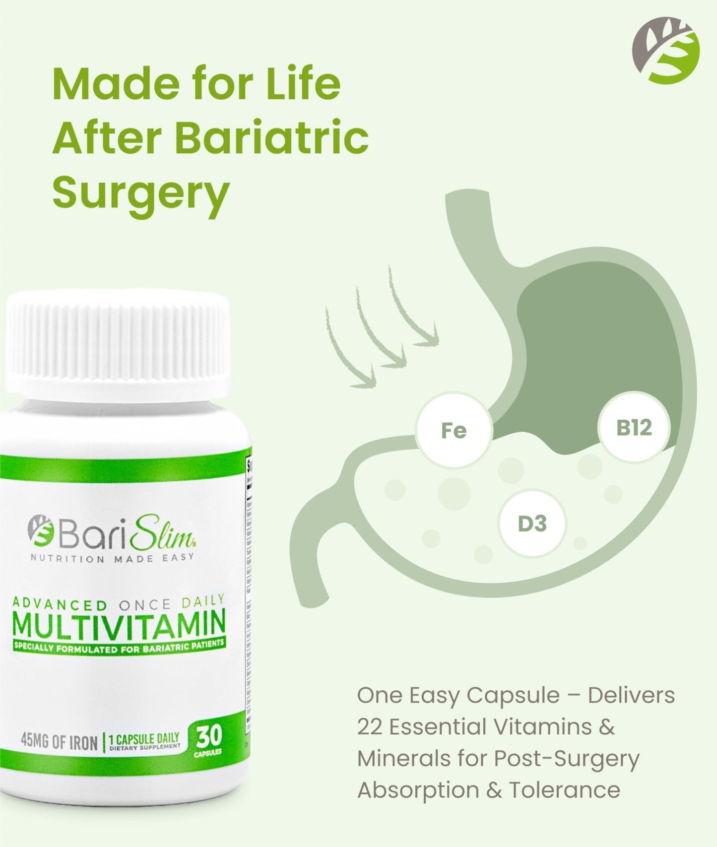 BariSlim Advanced Once Daily Bariatric Multivitamin Capsule - 45 mg of Iron - Bariatric Vitamin for Post Bariatric Surgery Including Gastric Bypass and Gastric Sleeve | 30 Day Supply - Maple Wellness Supplements