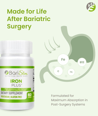 BariSlim Iron Plus Capsules - Formulated for Patients After Weight Loss Surgery Including Gastric Bypass & Gastric Sleeve – Easy Digestion & Comprehensive Health Support | 2 Month Supply (60 Servings) - Maple Wellness Supplements