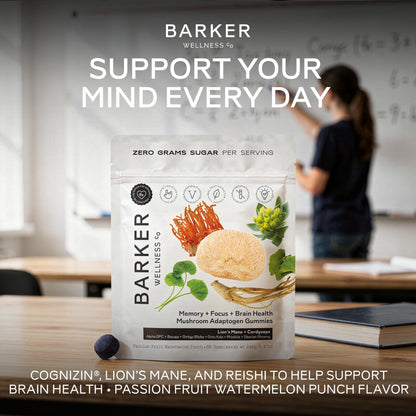 Barker Wellness Mushroom Adaptogen Gummies for Memory & Focus, Brain Health Supplement with Lion's Mane, Cordyceps, Cognizin, Vegan, Sugar-Free Passion Fruit Watermelon Flavor- 60 Count - Maple Wellness Supplements