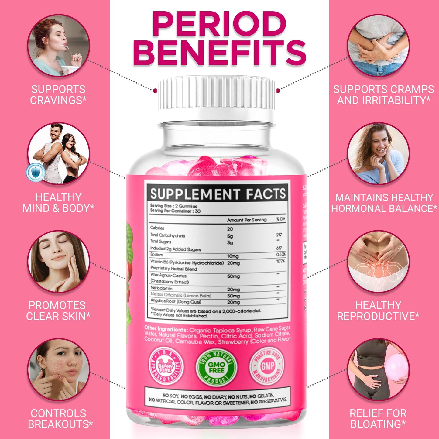 Beary Fine PMS Gummies - PMS Vitamins for Women & Teens - PMS Period Relief - Cramping, Bloating, Mood Swings - Made in The USA (Strawberry, 60 Count) - Maple Wellness Supplements