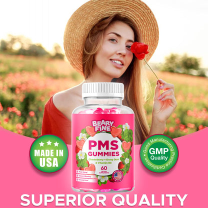 Beary Fine PMS Gummies - PMS Vitamins for Women & Teens - PMS Period Relief - Cramping, Bloating, Mood Swings - Made in The USA (Strawberry, 60 Count) - Maple Wellness Supplements