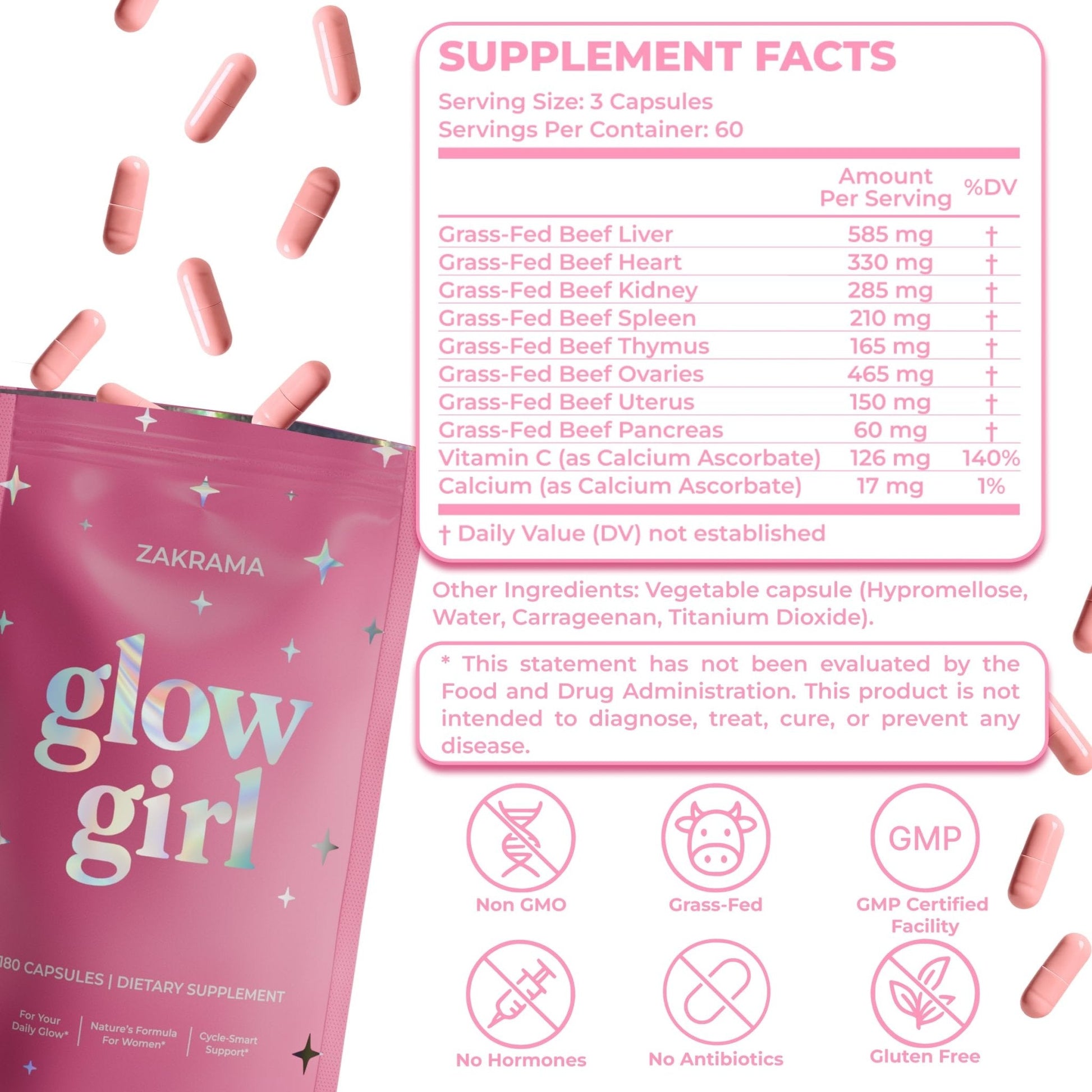 Beef Organ Supplement for Women – Grass-Fed Beef Liver, Ovary, Uterus & Organ Complex for Hormone Balance, Energy & PMS Support – Pasture-Raised + Vitamin C – 180 Capsules | Glow Girl | Zakrama - Maple Wellness Supplements
