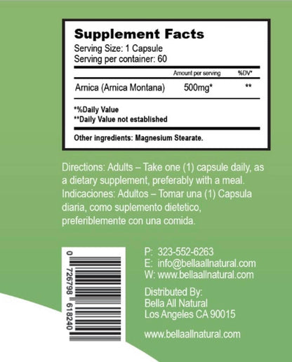 Bella All Natural Arnica Capsules 500 mg, 60 Count - Maple Wellness Supplements