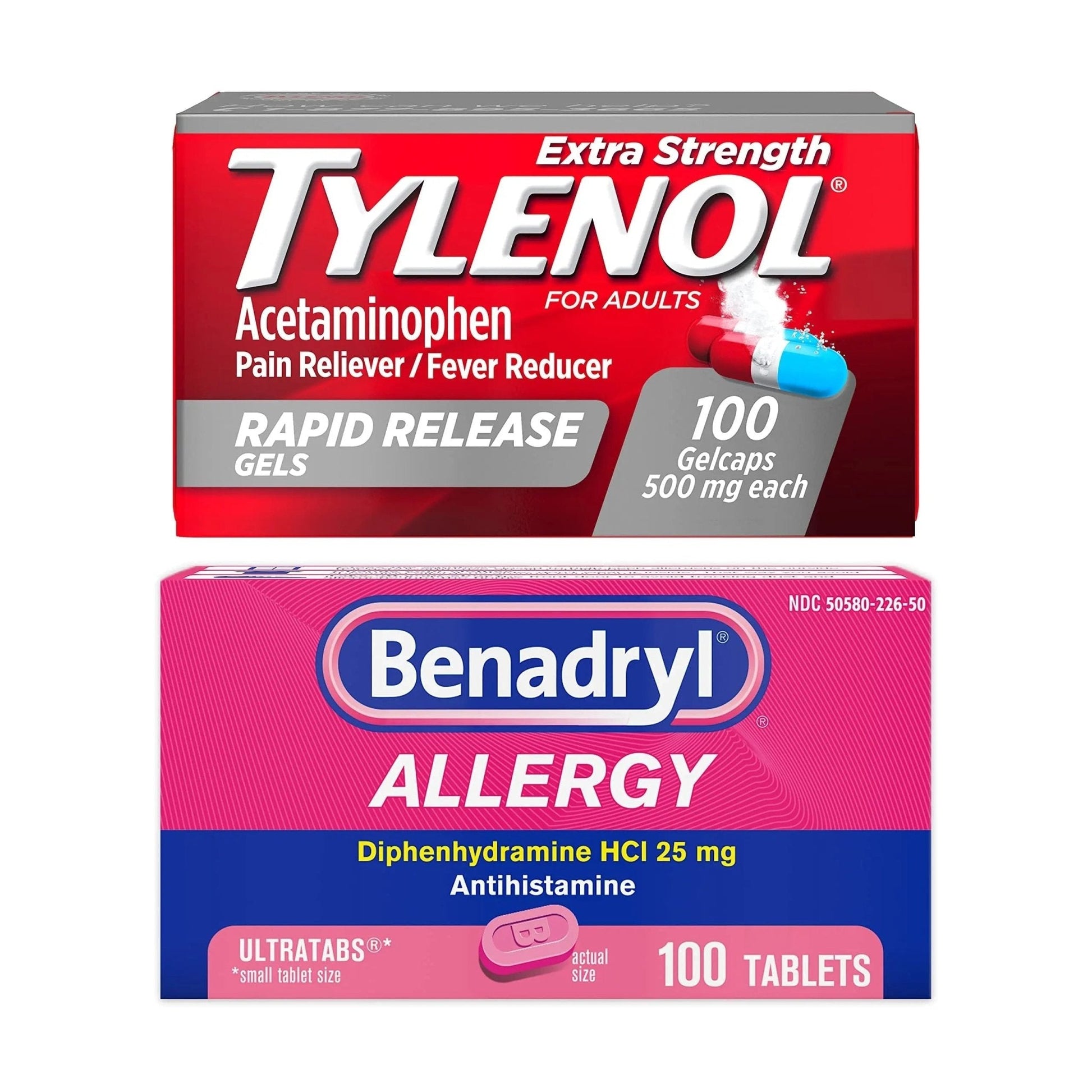 Benadryl Ultratabs Antihistamine Allergy Relief Tablets with 25 mg Diphenhydramine HCl, 100 ct and Tylenol Extra Strength Pain Reliever Rapid Release Gels with 500 mg Acetaminophen, 100 ct - Maple Wellness Supplements