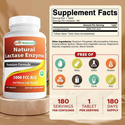 Best Naturals Fast Acting Lactase Enzyme Tablet, 3000 Fcc Alu, 180 Count - Maple Wellness Supplements