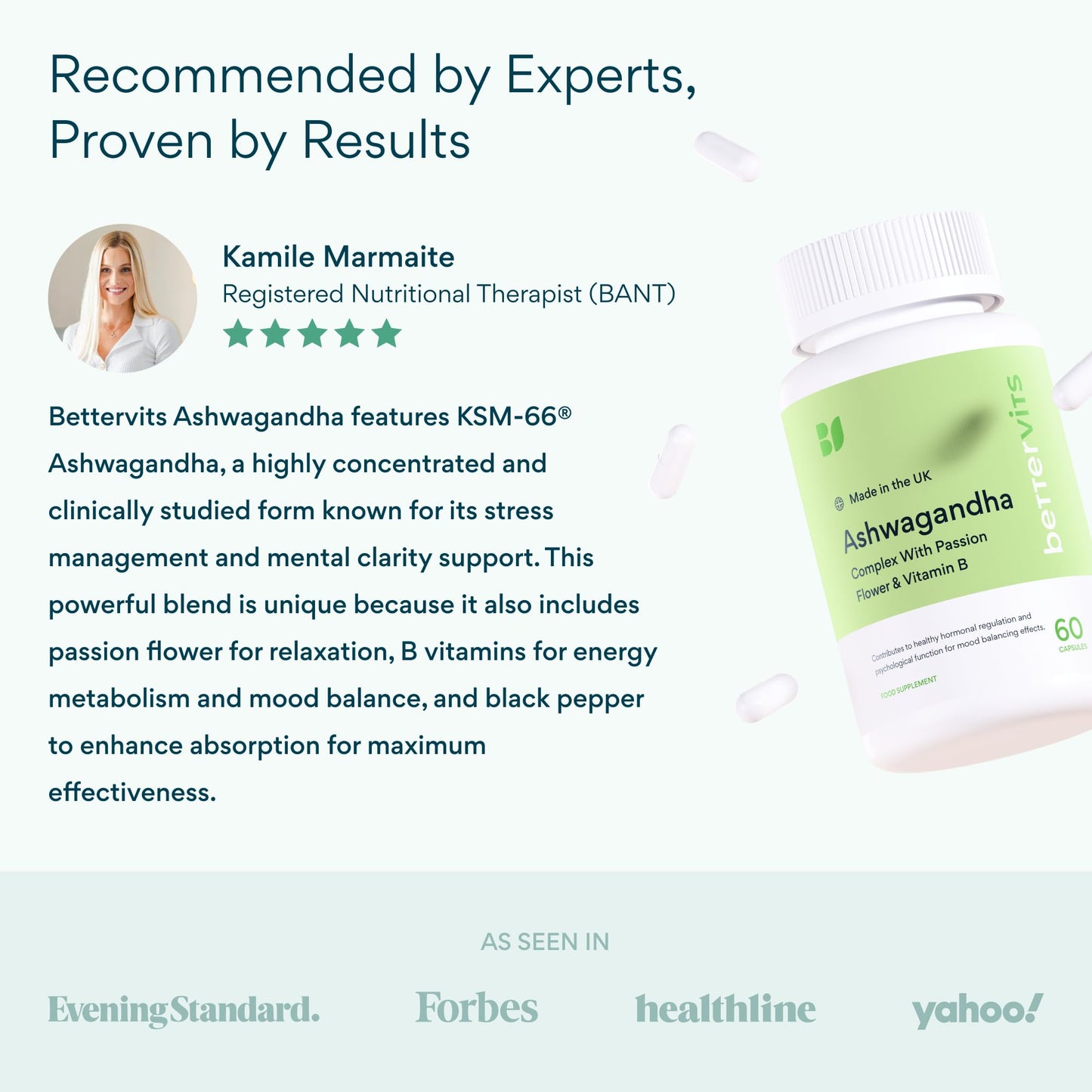 Bettervits Ashwagandha Complex with Passion Flower and Vitamin B – KSM-66® Organic Root Extract 800 mg – Supports Calm, Energy and Emotional Balance – 60 Capsules - Maple Wellness Supplements