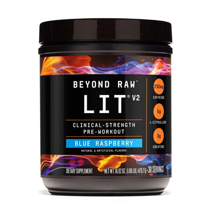 BEYOND RAW LIT V2 Clinical Strength Pre Workout Powder, Hits Harder, Bigger Pumps, Caffeine, L-Citrulline, Creatine, Blue Raspberry, 30 Servings - Maple Wellness Supplements