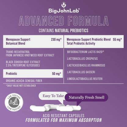 BIGJOHNLAB® - Menopause Total Support – Advanced Probiotic Formula with 5 Strains & 15 Billion CFU, Resveratrol, Black Cohosh, Acacia Fiber, Non-GMO & 100% Vegetarian - Maple Wellness Supplements