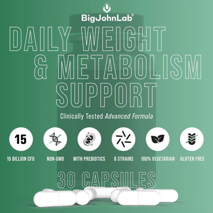 BIGJOHNLAB® - Probiotics for Weight Management & Bloating - 6 Probiotic Strains - Prebiotics - Key Ingredient Cayenne & Green Tea - Supports Gut Health - Weight Management for Women & Men - 30 CT - Maple Wellness Supplements