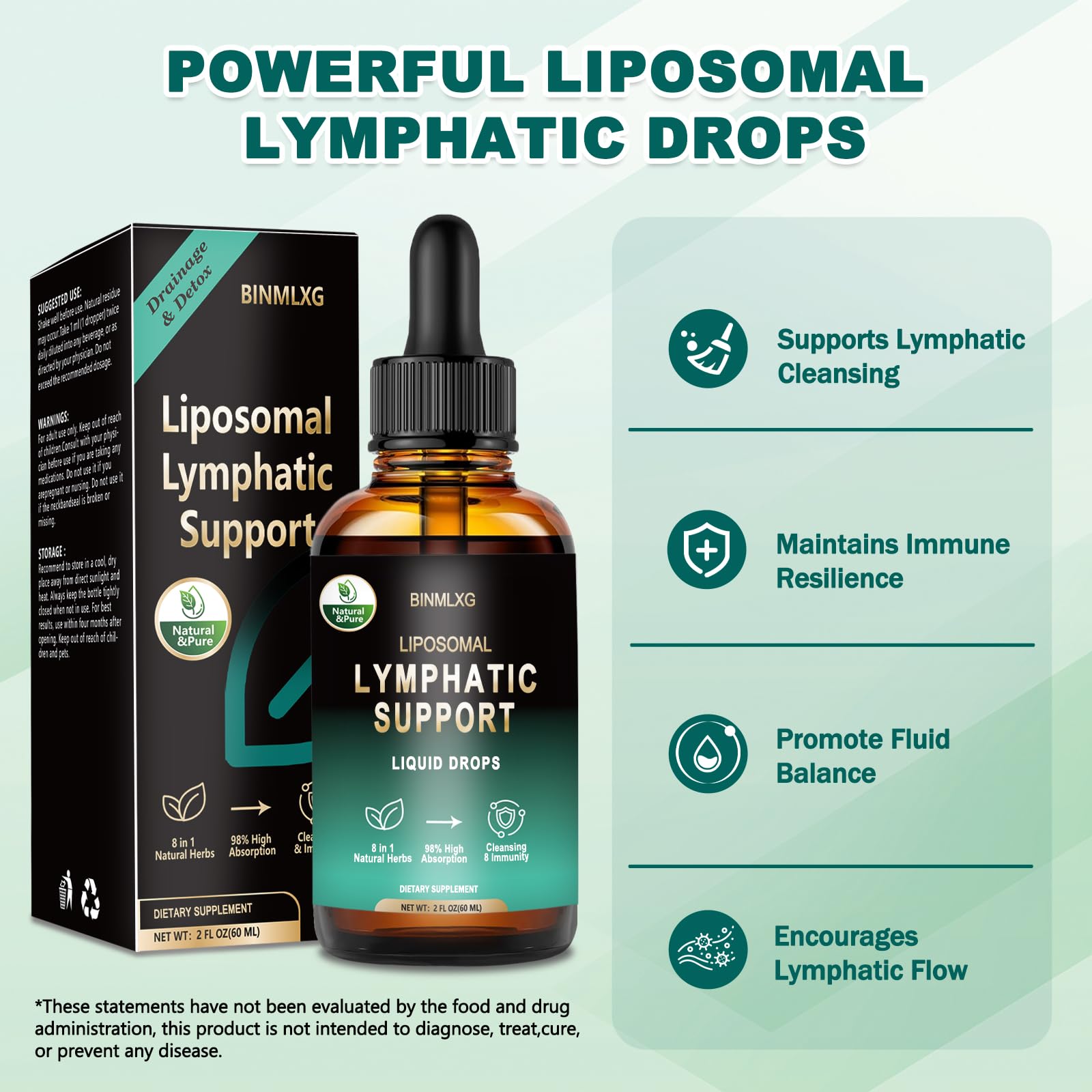 BINMLXG Liposomal Lymphatic Drainage Drops, 8-Herb Formula with Echinacea, Elderberry, Burdock Root Blend, for Lymphatic Drainage, Immune Support, Cleanse & Detox, 2 Fl Oz - Maple Wellness Supplements