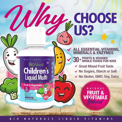 Bio Naturals Children's Liquid Multivitamin & Immune Booster - Natural Supplement for Kids & Toddlers with Vitamins A B C D3 E, Fiber - Maple Wellness Supplements