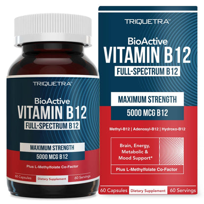 BioActive Vitamin B12 - 5000 mcg, Contains 3 BioActive Forms B12 Plus Methylfolate Cofactor - Methyl B12, Adenosyl B12 & Hydroxy B12 | Supports Energy - Maple Wellness Supplements